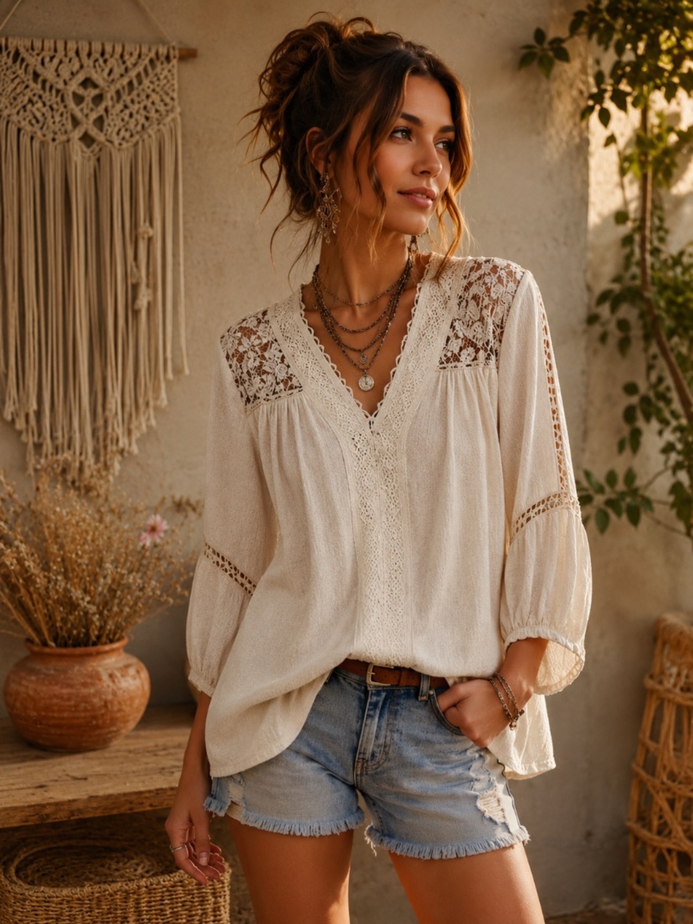 🧋🎆 Style & Co. Cream Lace Yoke V-Neck Top Blouse Boho Hippie Indie Small